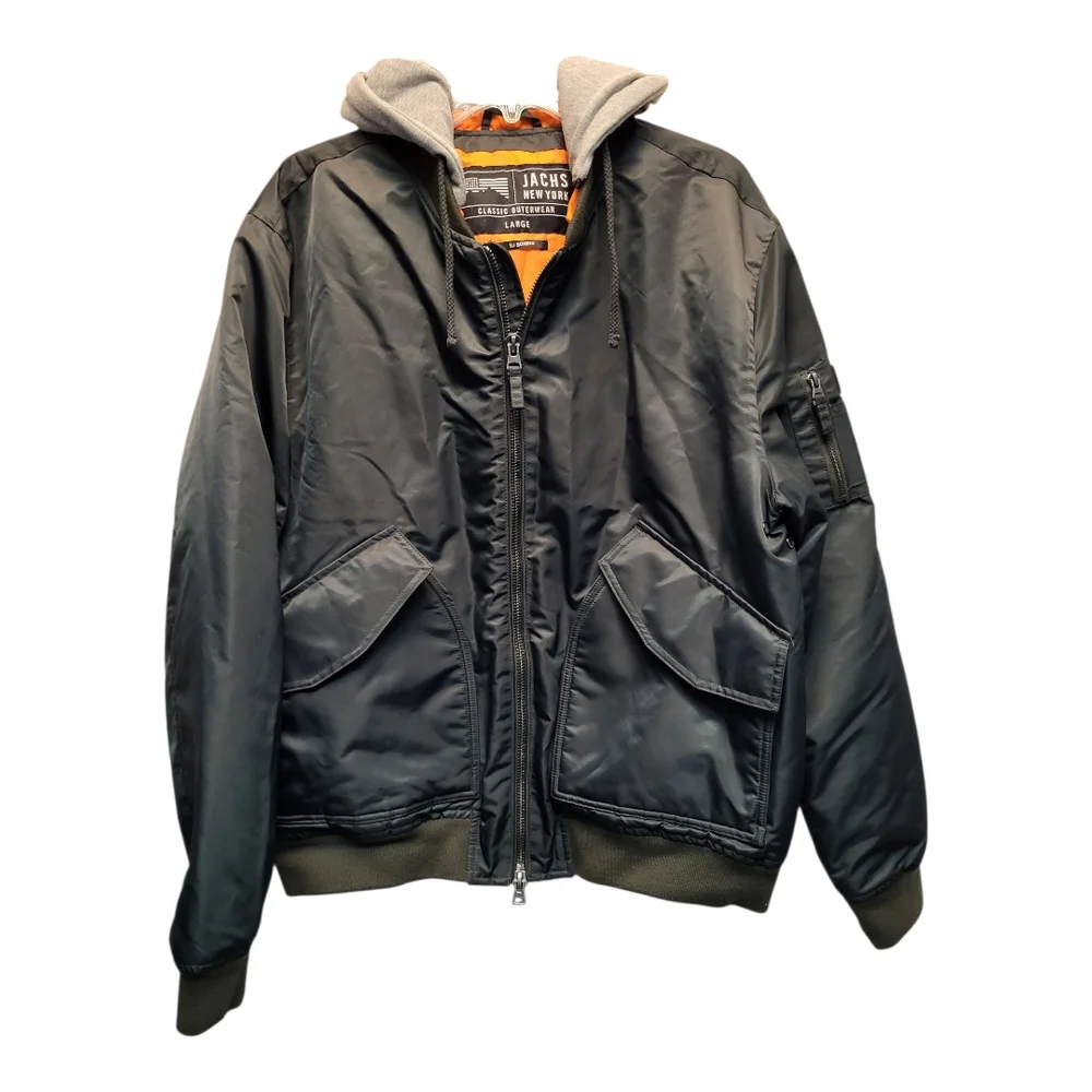 Jachs Olive Green Eli Bomber Jacket with Gray Hood And Orange Accents - Size L